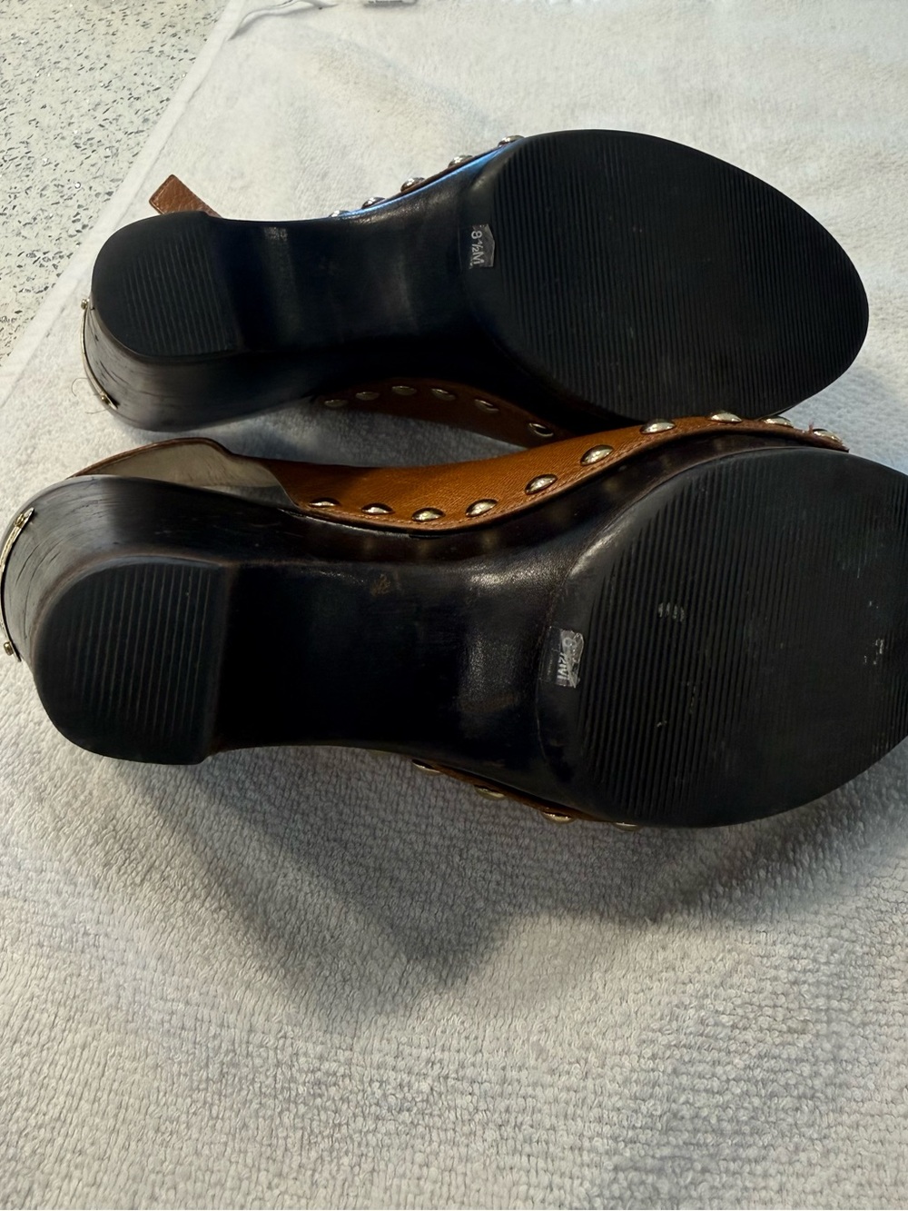 Michael Kors Brown Leather Studded Wedge Sandals with Gold Logo - Picture 5 of 5
